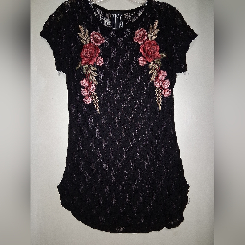TMG Floral Embroidered Black Lace Mini Dress Size S
